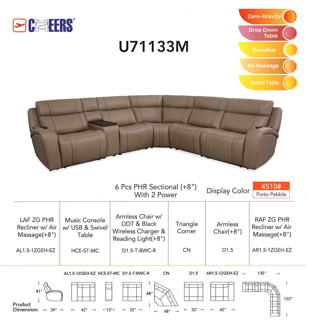 6 Pc Power Leather Sectional W/ Drop Down Table & Air Massage