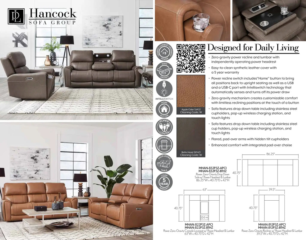 Hancok Bette Hazel Power Zero Gravity W/ Drop Down Table Sofa
