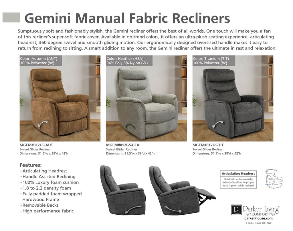 Parker House GEMINI Manual Swivel Glider Recliner