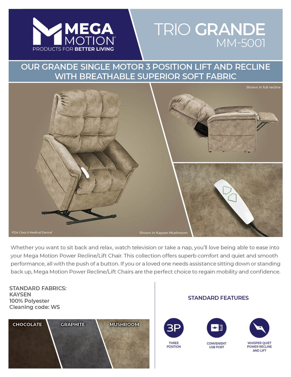 TRIO GRANDE Power Lift Recliner MM-5001