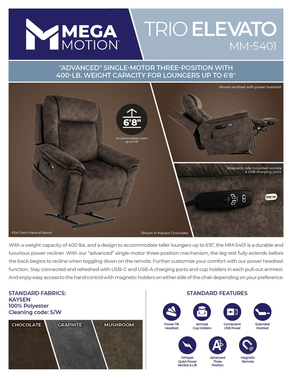 TRIO ELEVATO Power Lift Recliner MM-5401